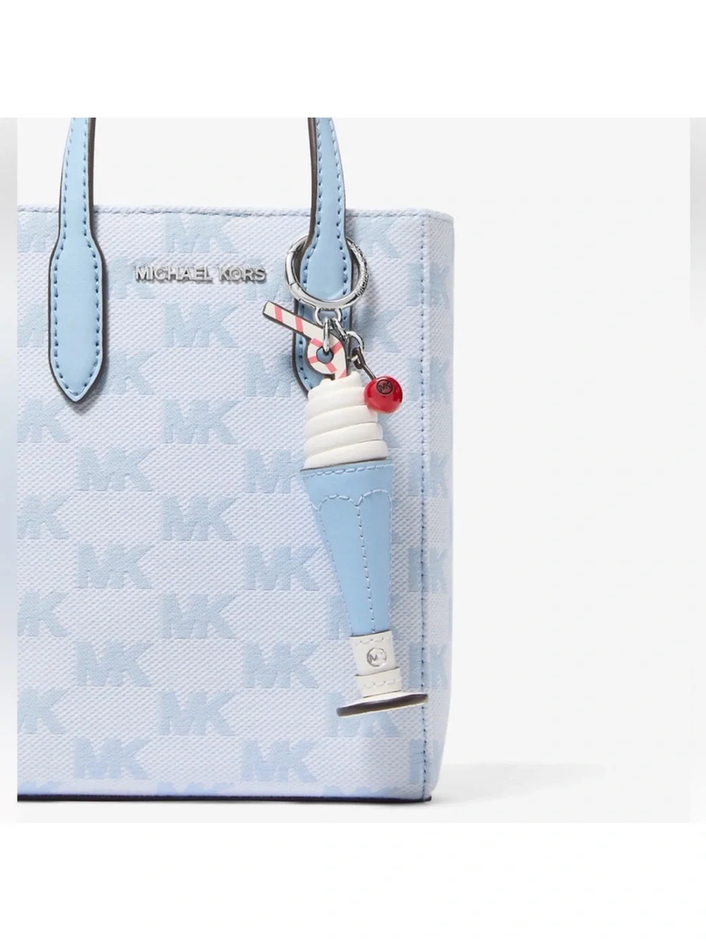 Michael Kors Ice Cream Cone Keychain Bag Charm Blue Leather Silver Tone